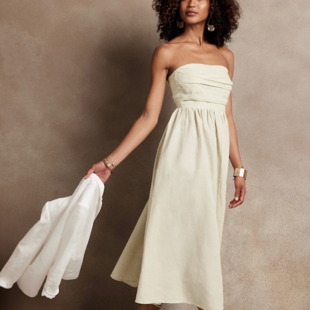 Banana Republic Factory Tan Linen Strapless Midi Dress- NWT- 12P